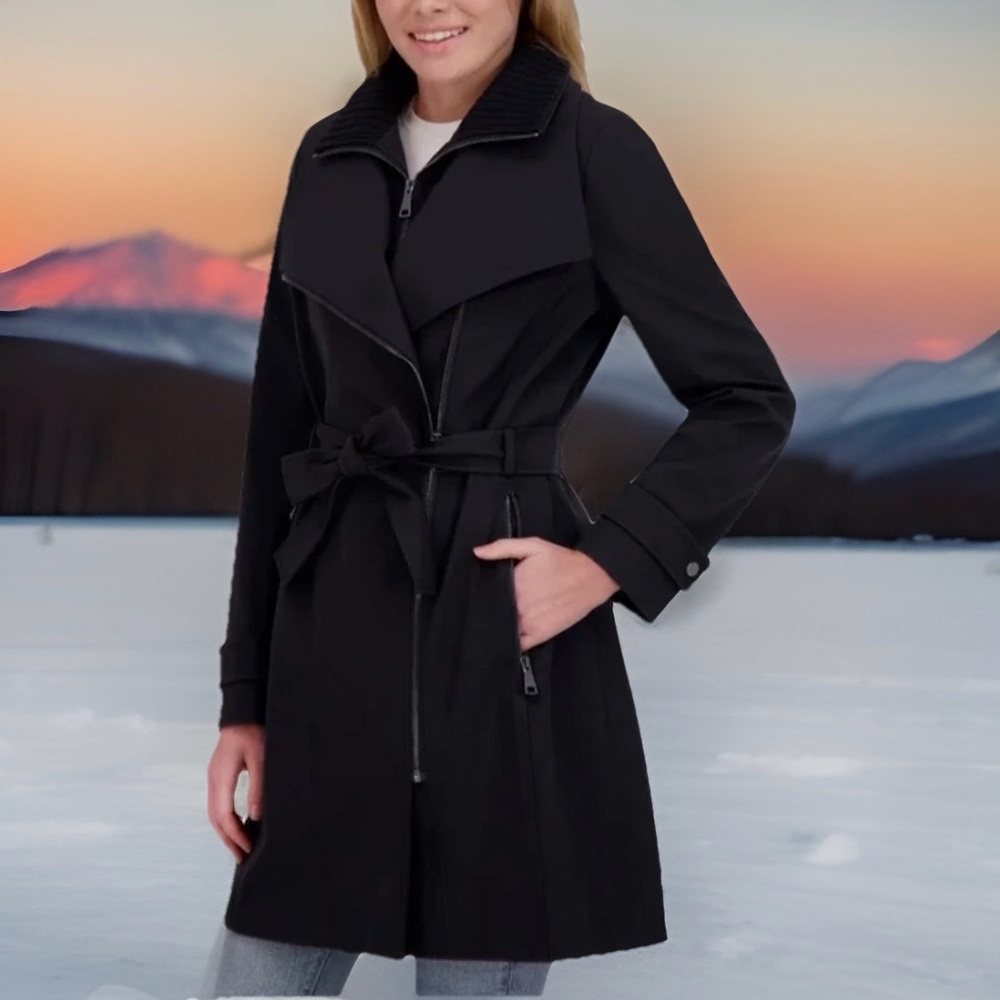 Halston Women’s Black Belted Trench Coat Sz Small Warm Cozy Water Resistant NWT
